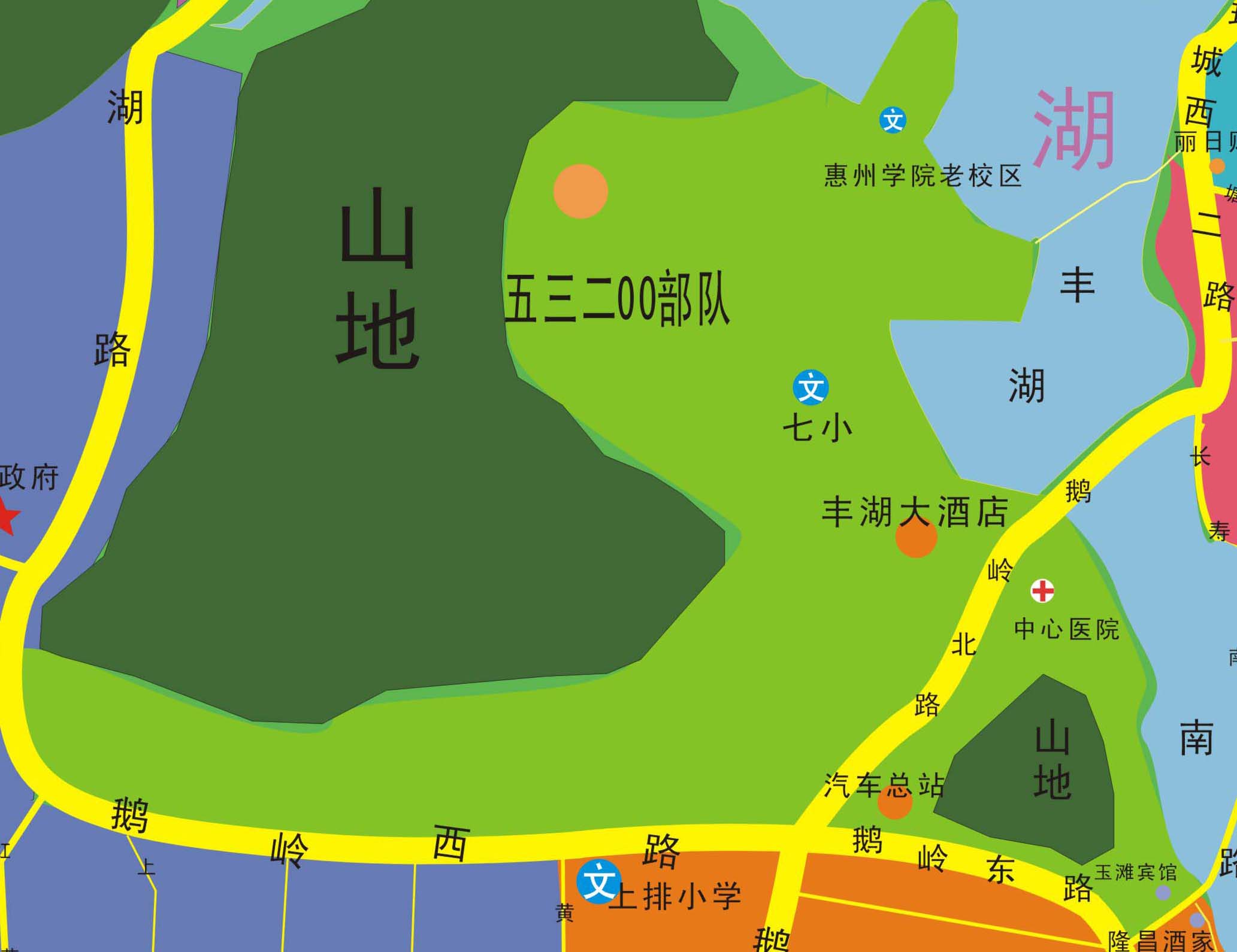 说明:鹅岭西路接鹅岭东路至玉滩宾馆以北,至丰湖和南湖边(含惠州学院